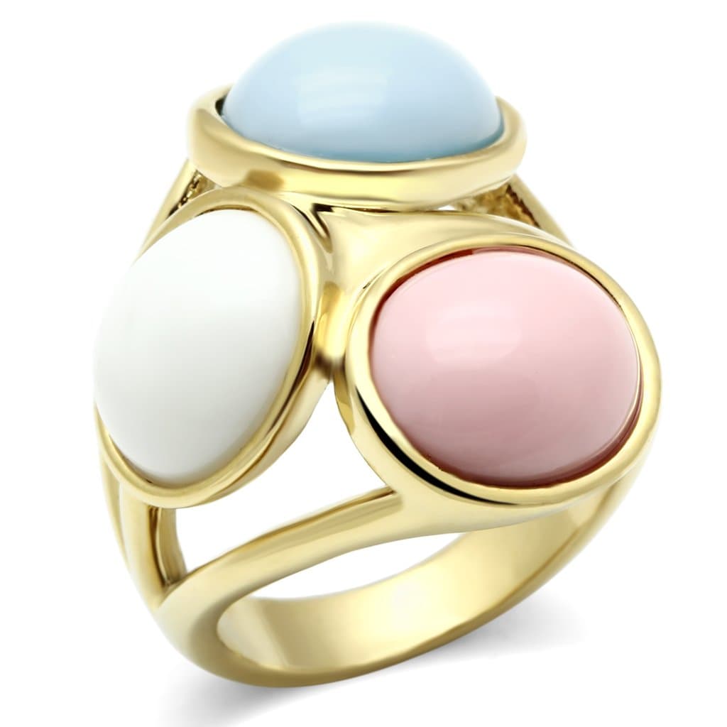 Brass Gold Pastel Cat Eye Triple Cabochon Cocktail Ring
