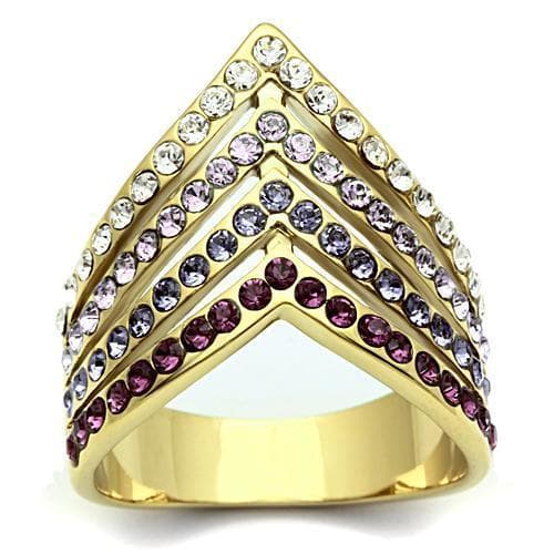 Brass Gold Pink Garnet CZ Triple V Chevron Wide Band Ring