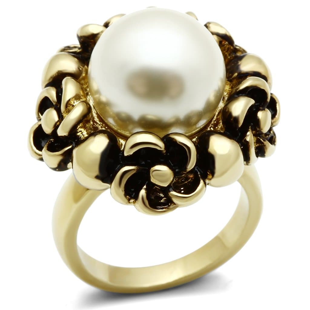 Brass Gold Pearl Polished Flower Petal Prong Cocktail Ring