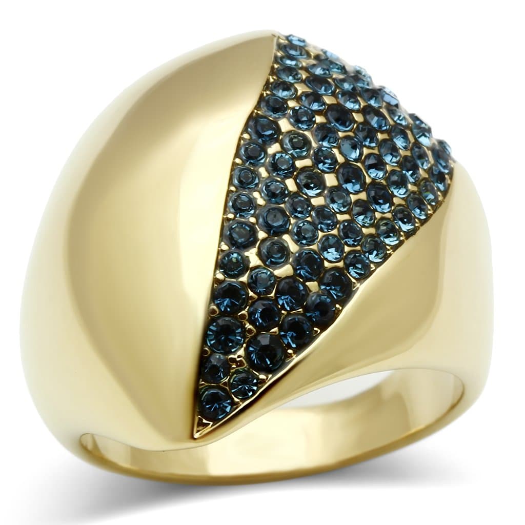 Brass Gold Blue Crystal CZ Pave Triangle Diagonal Dome Ring