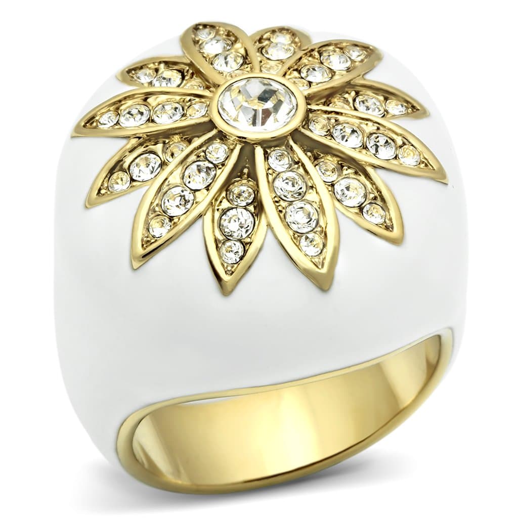 Brass Gold White Enamel CZ Sunburst Flower Wide Dome Ring