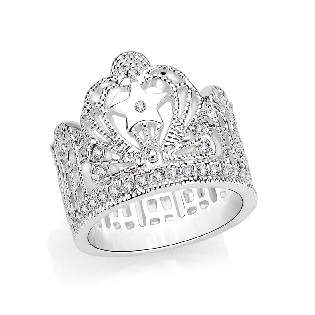 Brass CZ Pave Filigree Crown Wide Eternity Band Ring