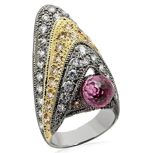 Brass Two Tone Pink Tourmaline CZ Pave Shield Cocktail Ring
