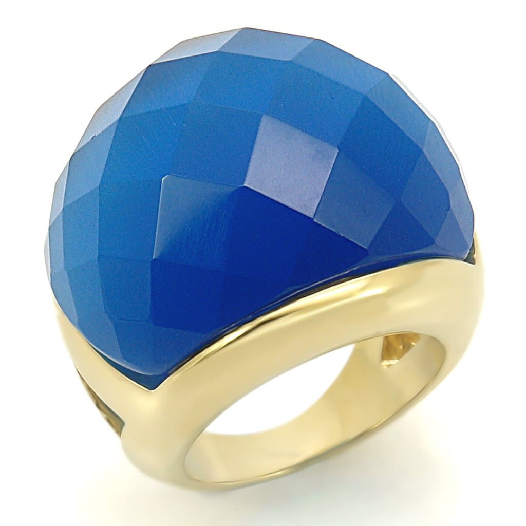 Brass Gold Blue Chalcedony Faceted Wide Dome Cocktail Ring