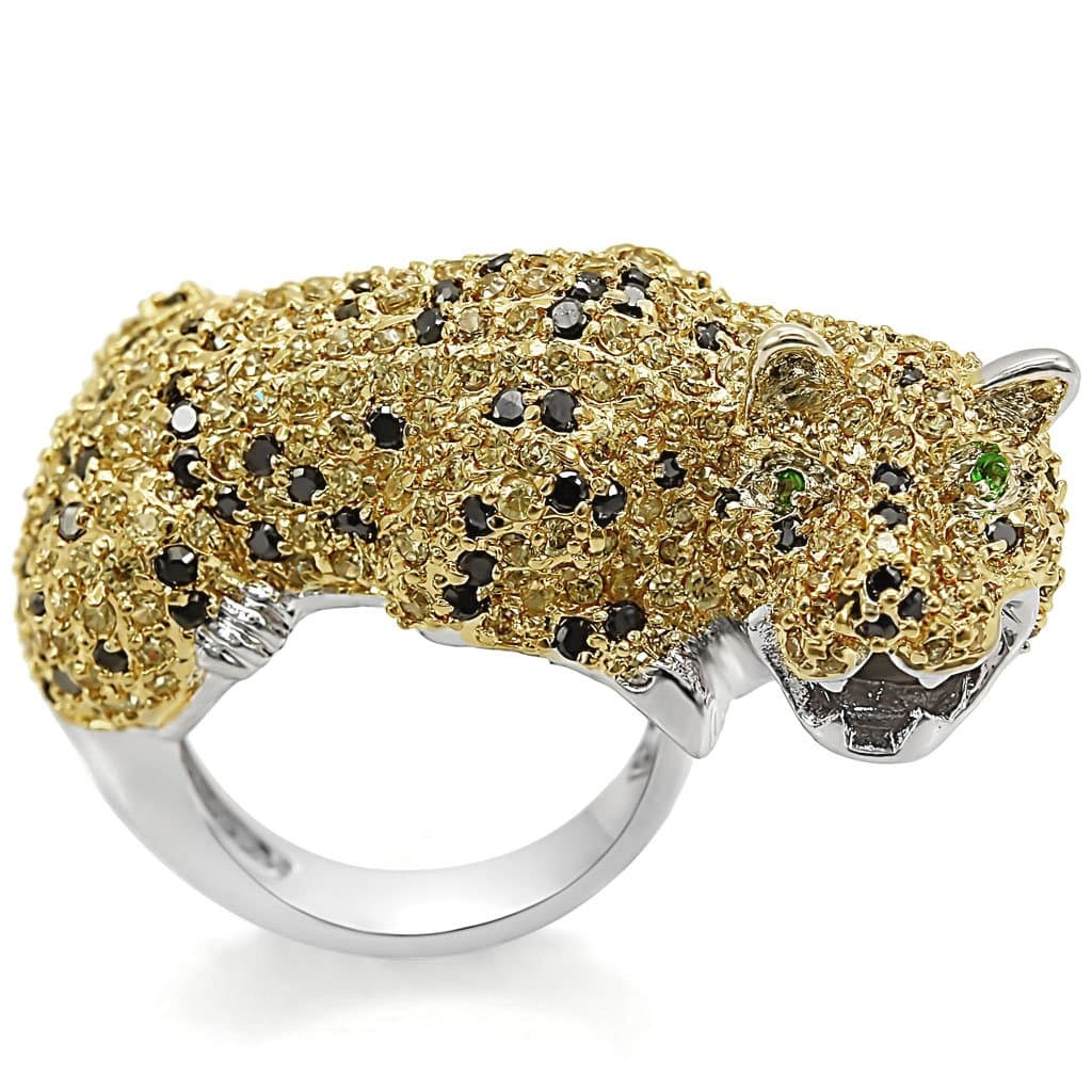 Brass Yellow Black CZ Pave Leopard Figure Cocktail Ring