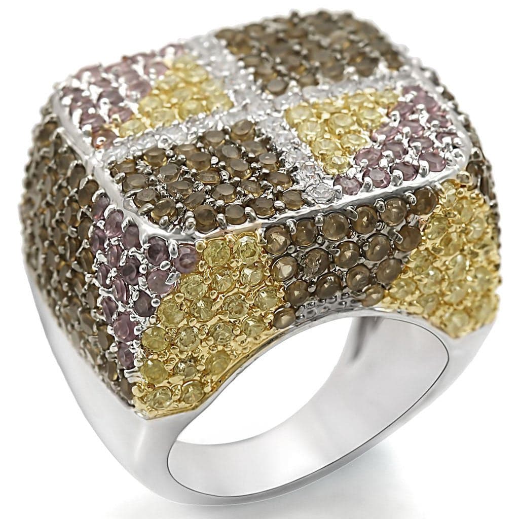 Brass Multicolor CZ Pave Checkerboard Dome Cocktail Ring