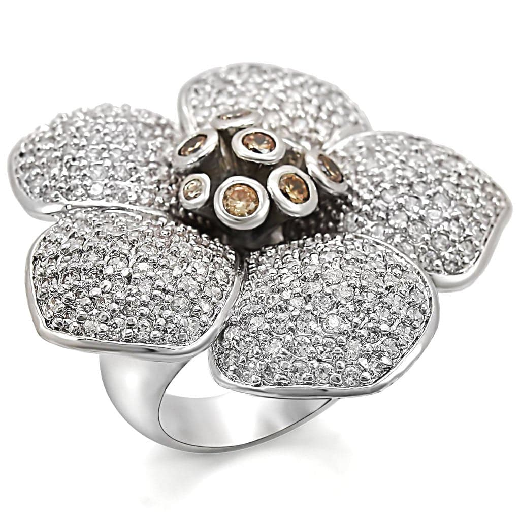 Brass Silver CZ Pave Four Petal Flower Cocktail Ring