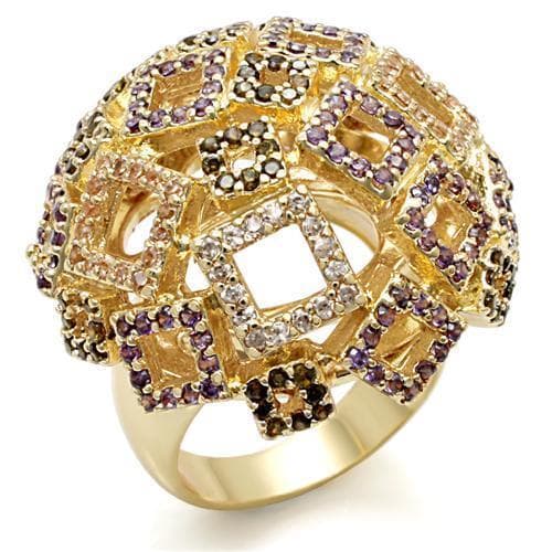 Brass Gold Multicolor CZ Geometric Openwork Dome Cocktail Ring