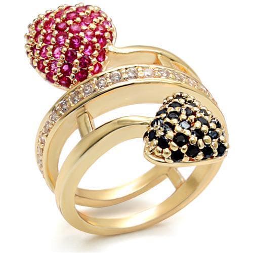 Brass Gold Pink Black CZ Pave Triple Heart Bypass Cocktail Ring