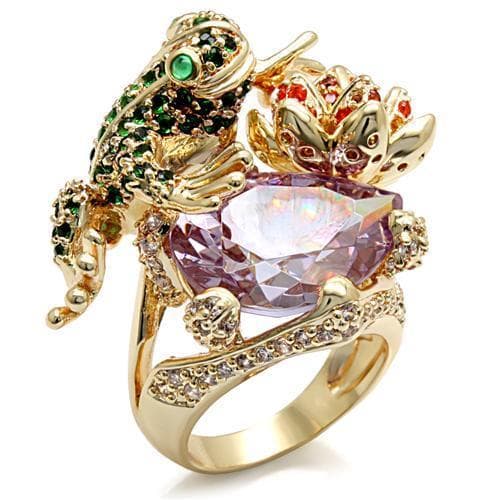 Brass Gold CZ Pave Frog Pink Crystal Solitaire Cocktail Ring