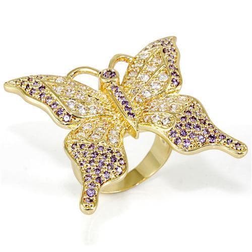 Brass Gold Purple CZ Pave Butterfly Figure Cocktail Ring