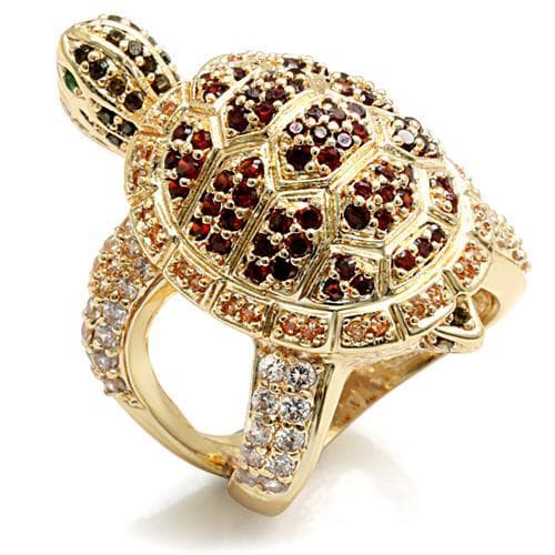 Brass Gold Red Garnet CZ Pave Turtle Figure Cocktail Ring