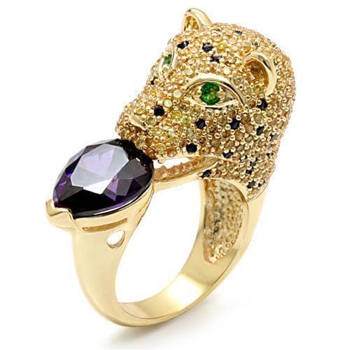 Brass Gold CZ Pave Leopard Purple Amethyst Cocktail Ring
