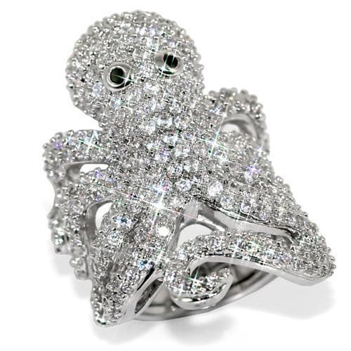 Brass Silver CZ Pave Octopus Figure Cocktail Ring