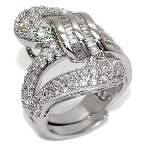 Brass Silver CZ Baguette Round Pave Crossover Wide Band Ring