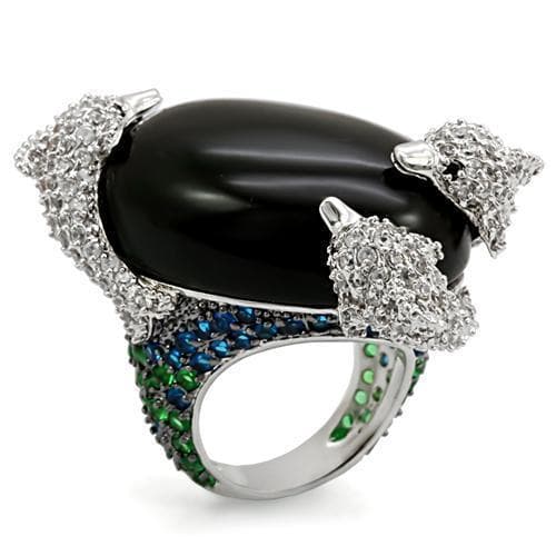 Brass Silver CZ Pave Black Onyx Frog Figure Cocktail Ring