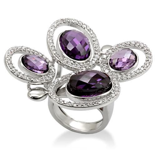 Brass Silver Amethyst Purple Triple Oval Butterfly Cocktail Ring