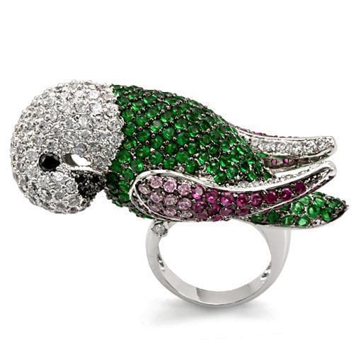 Brass Silver Green CZ Pave Parrot Figure Cocktail Ring