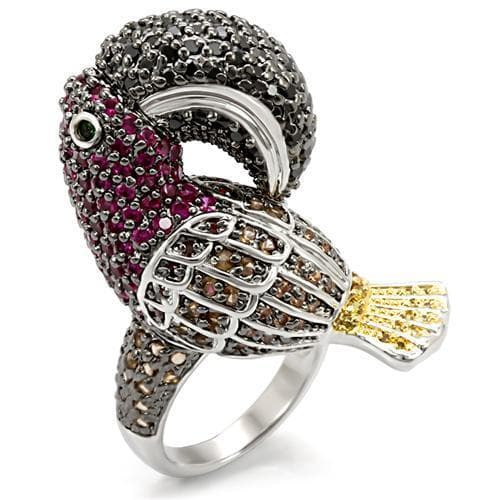 Brass Silver Brown Ruby CZ Pave Toucan Figure Ring