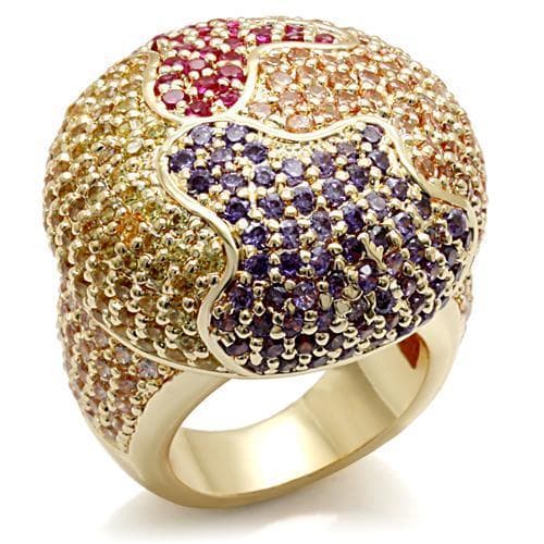 Brass Gold Multicolor CZ Pave Star Pattern Dome Cocktail Ring