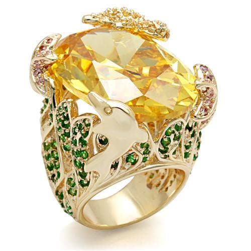 Brass Gold Yellow Citrine CZ Emerald Leaf Vine Cocktail Ring