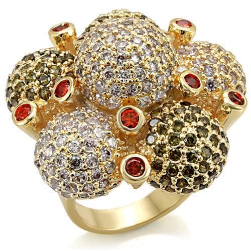 Brass Gold Champagne CZ Pave Flower Cluster Red Accent Ring