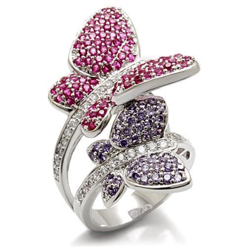 Brass Silver Pink Purple CZ Pave Double Butterfly Cocktail Ring