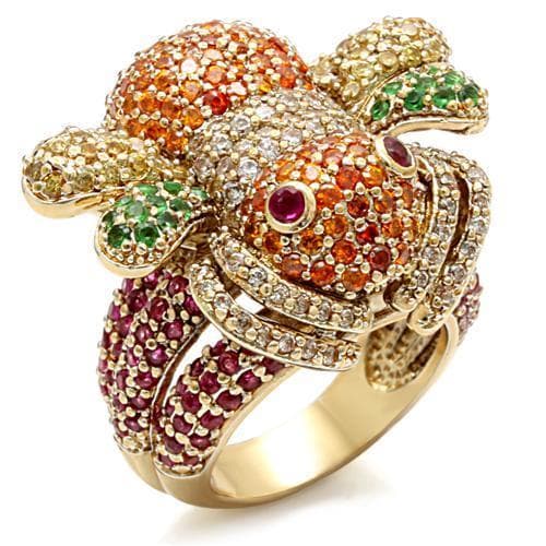 Brass Gold Multicolor CZ Pave Fish Figure Cocktail Ring