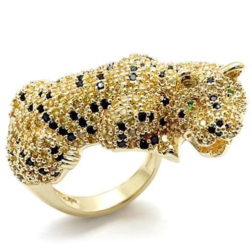 Brass Gold Yellow CZ Pave Leopard Figure Cocktail Ring