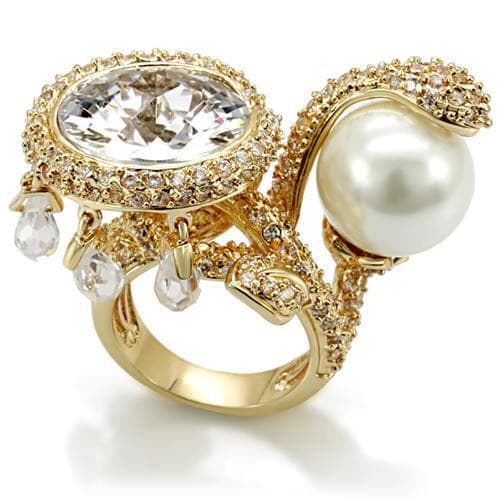 Brass Gold CZ Pave Chameleon Pearl Crystal Cocktail Ring