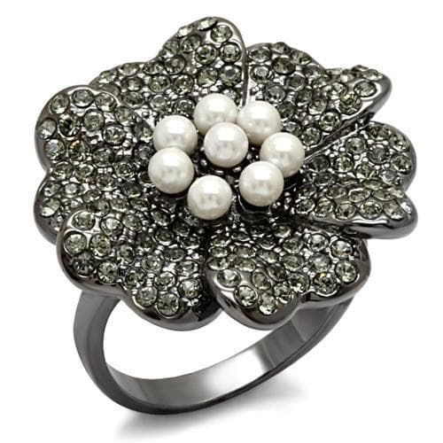 Brass Gunmetal Crystal Pave Flower Pearl Center Cocktail Ring