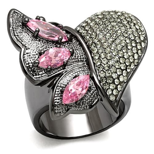 Brass Gunmetal Pink Crystal Butterfly Wing Cocktail Ring