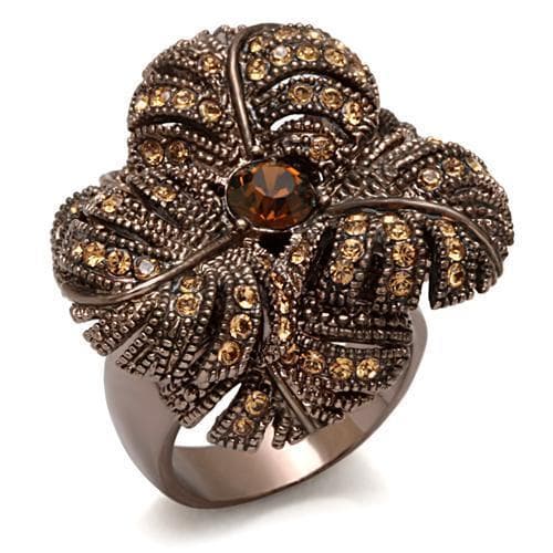 Brass Chocolate Champagne Crystal Pave Flower Cocktail Ring
