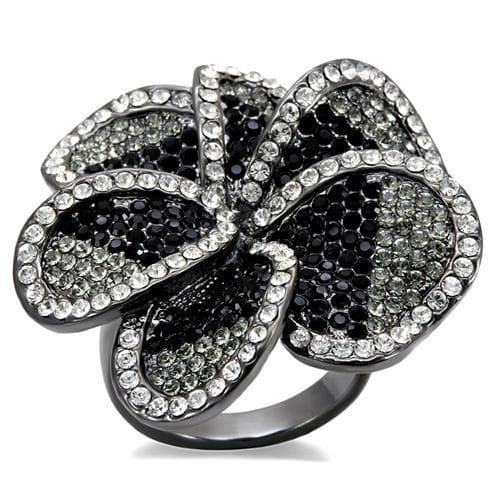 Brass Gunmetal Black Crystal Pave Five Petal Flower Cocktail Ring