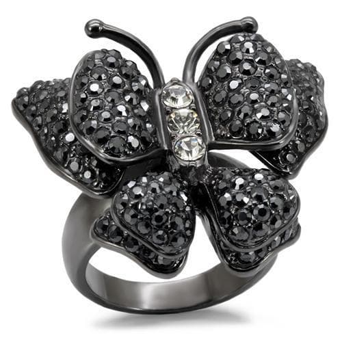 Brass Gunmetal Black Crystal Pave Butterfly Figure Cocktail Ring