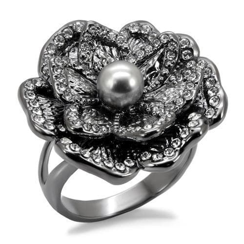 Brass Gunmetal Crystal Pave Pearl Center Rose Flower Ring