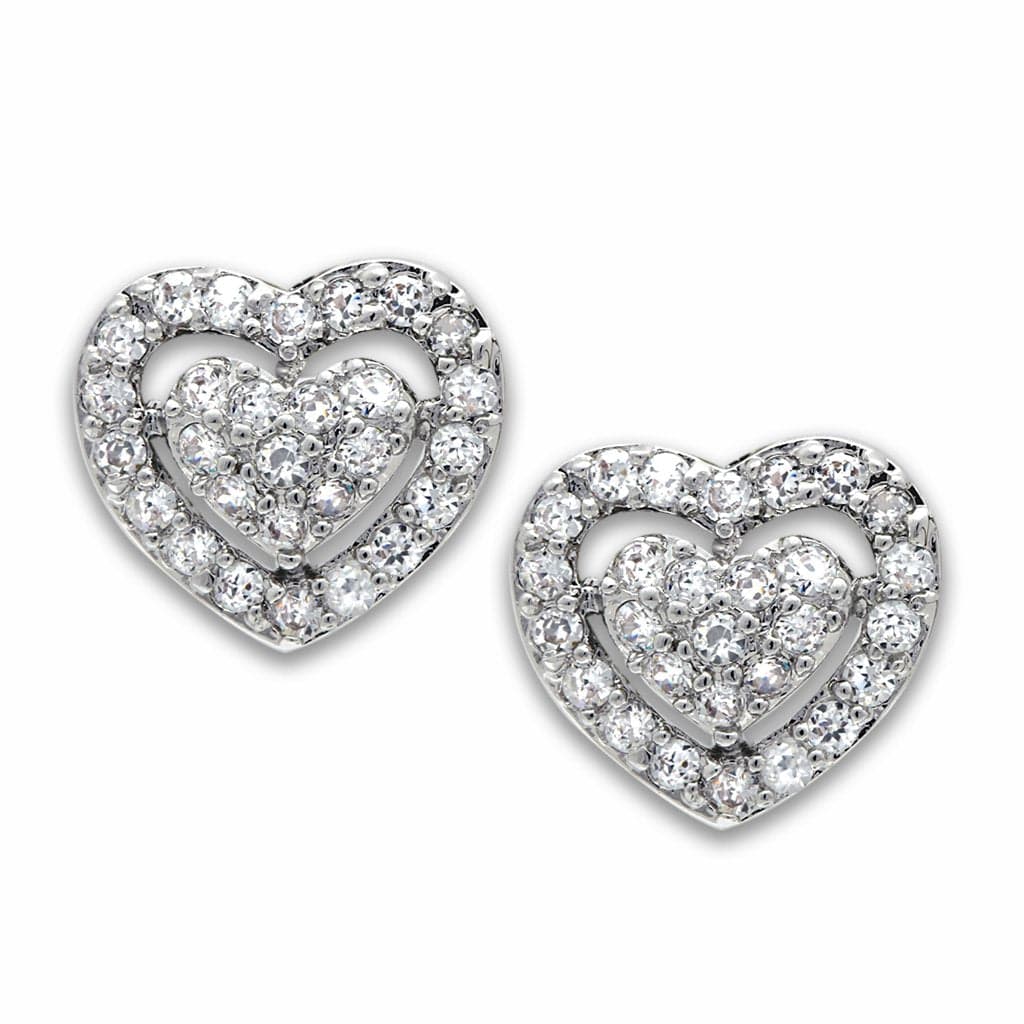 Brass Silver CZ Double Heart Halo Stud Earrings