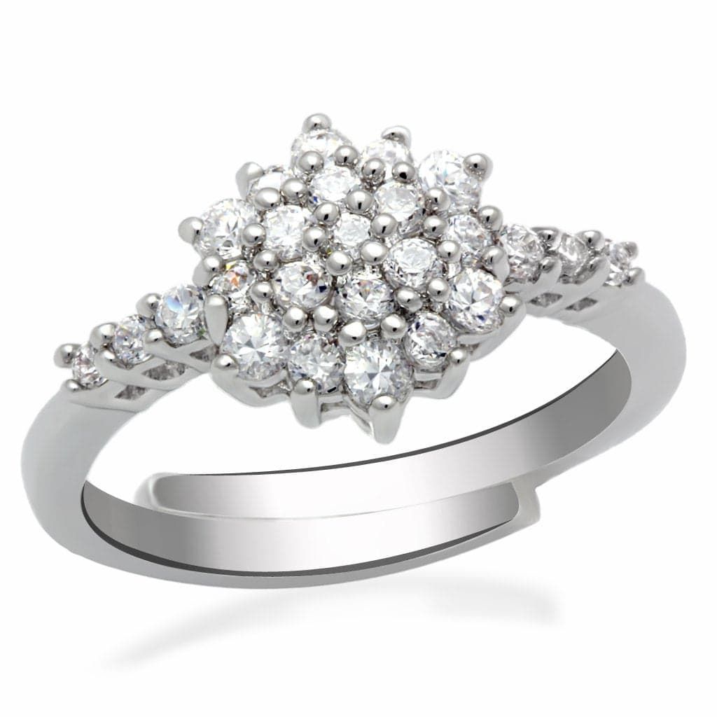 Brass Silver CZ Round Cluster Flower Solitaire Ring