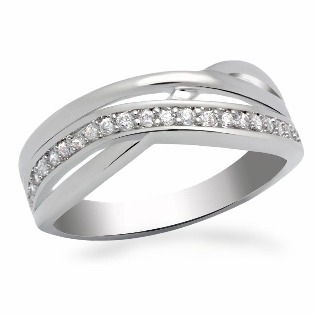 Brass Silver CZ Pave Crossover Twist Band Ring