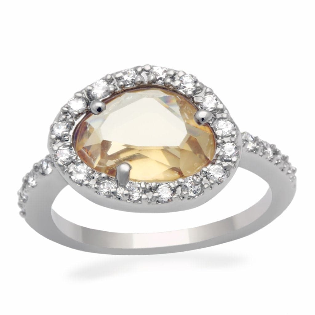 Brass Silver Champagne Citrine Oval CZ Halo Ring
