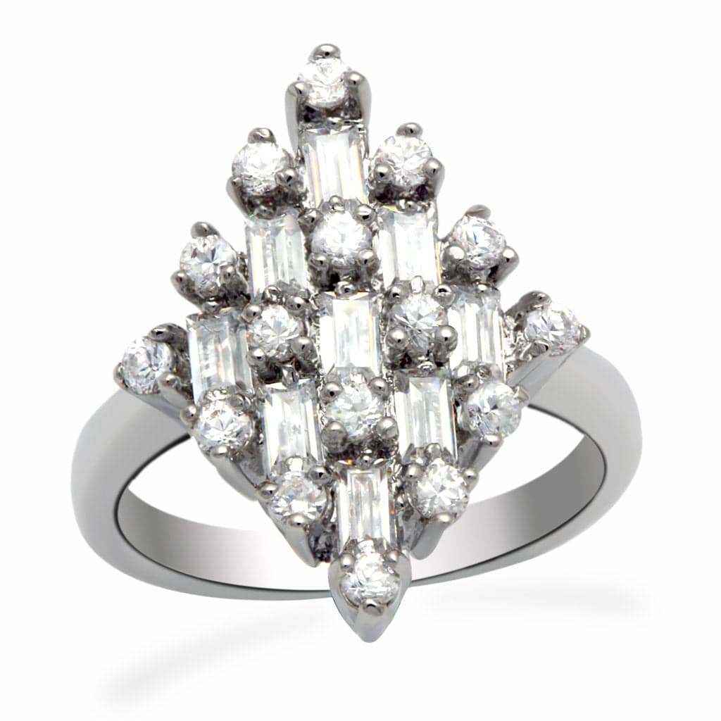 Brass Silver CZ Baguette Round Navette Cluster Ring