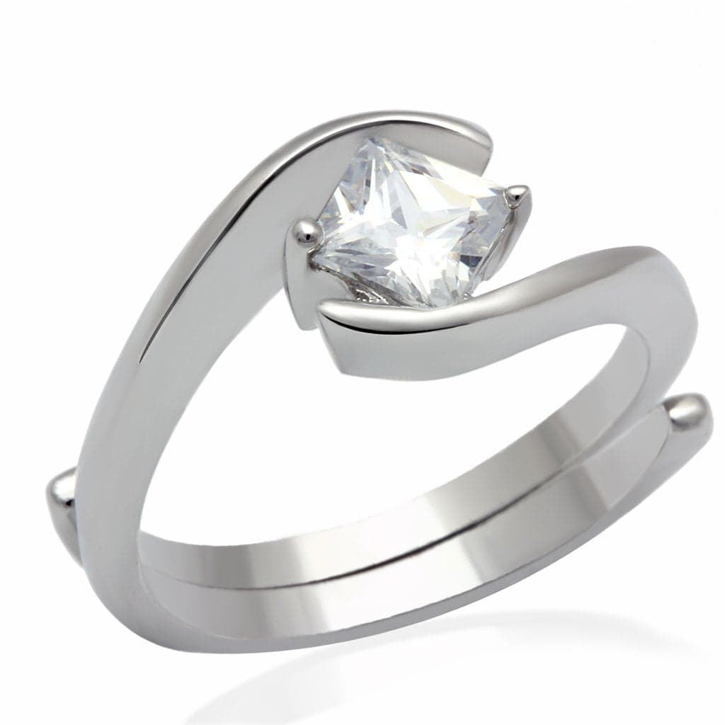 Brass Silver CZ Princess Cut Tension Bypass Ring
