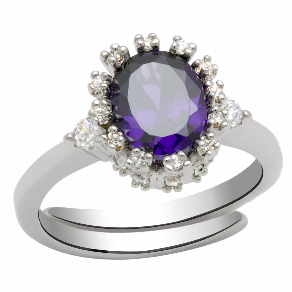 Brass Silver Amethyst Oval CZ Halo Solitaire Ring