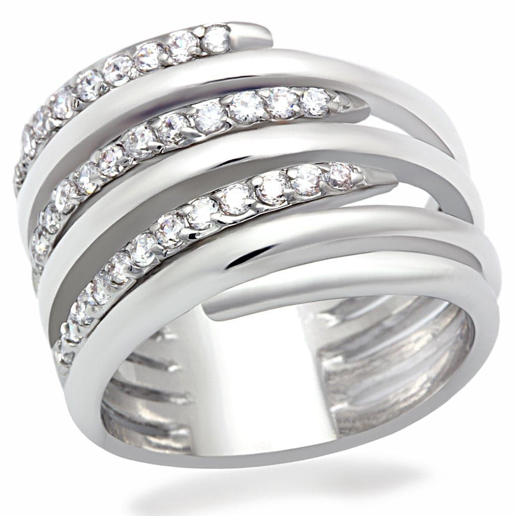 Brass Silver CZ Pave Triple Row Spiral Wrap Ring