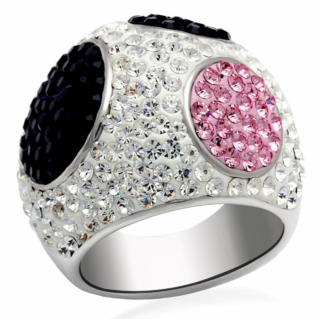 Brass Silver Pink Black Crystal Circle Dome Cocktail Ring