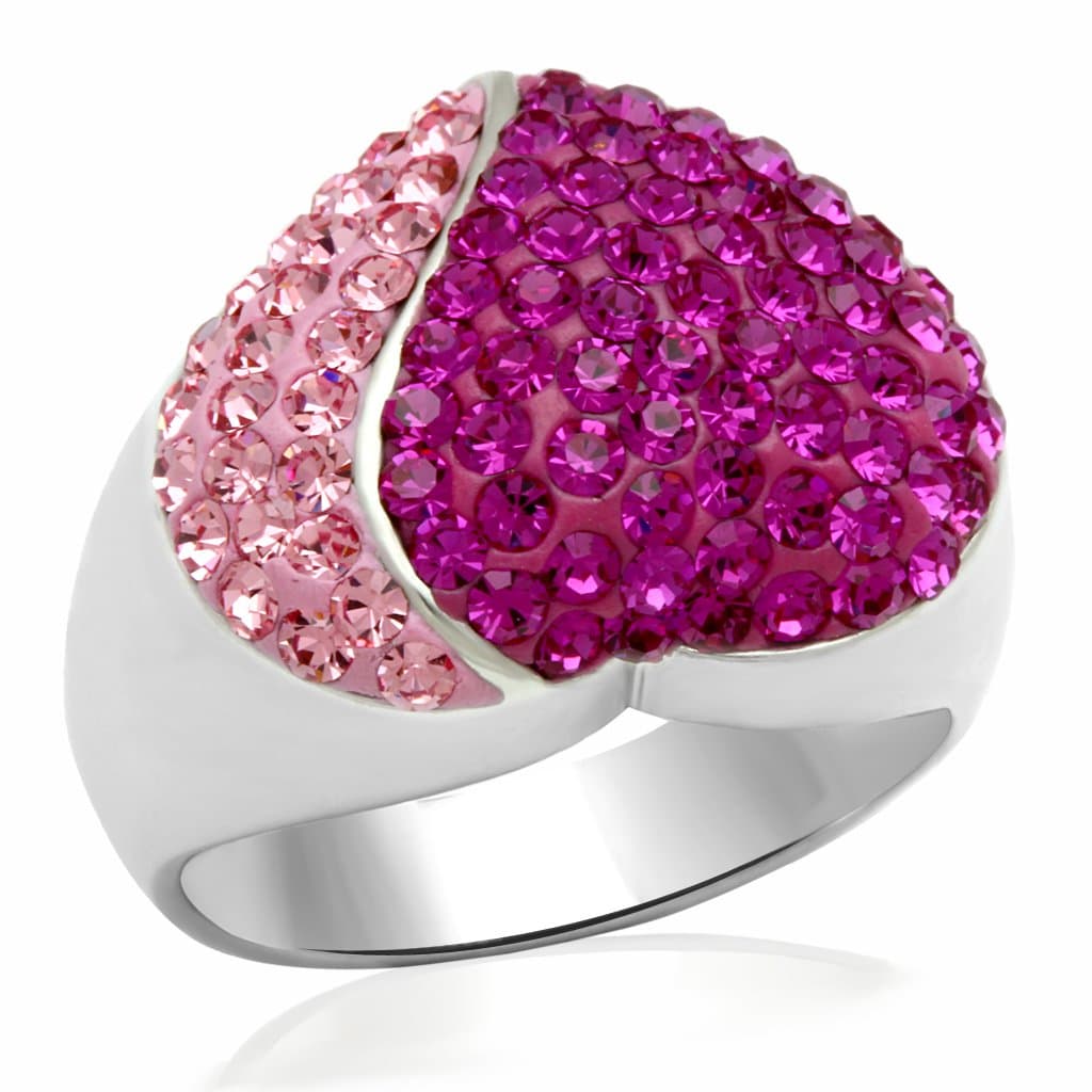 Brass Silver Pink Fuchsia Crystal Pave Heart Dome Cocktail Ring