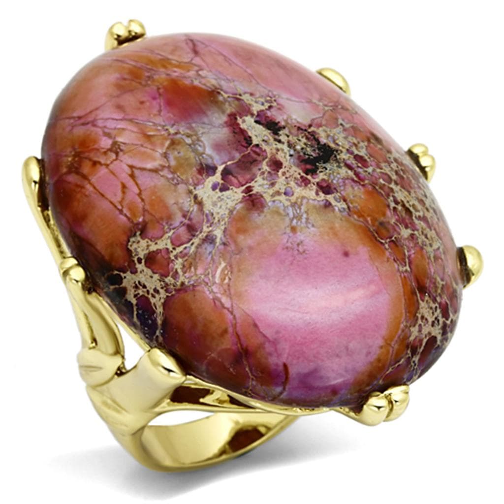 Brass Gold Pink Jasper Oval Cabochon Prong Solitaire Ring