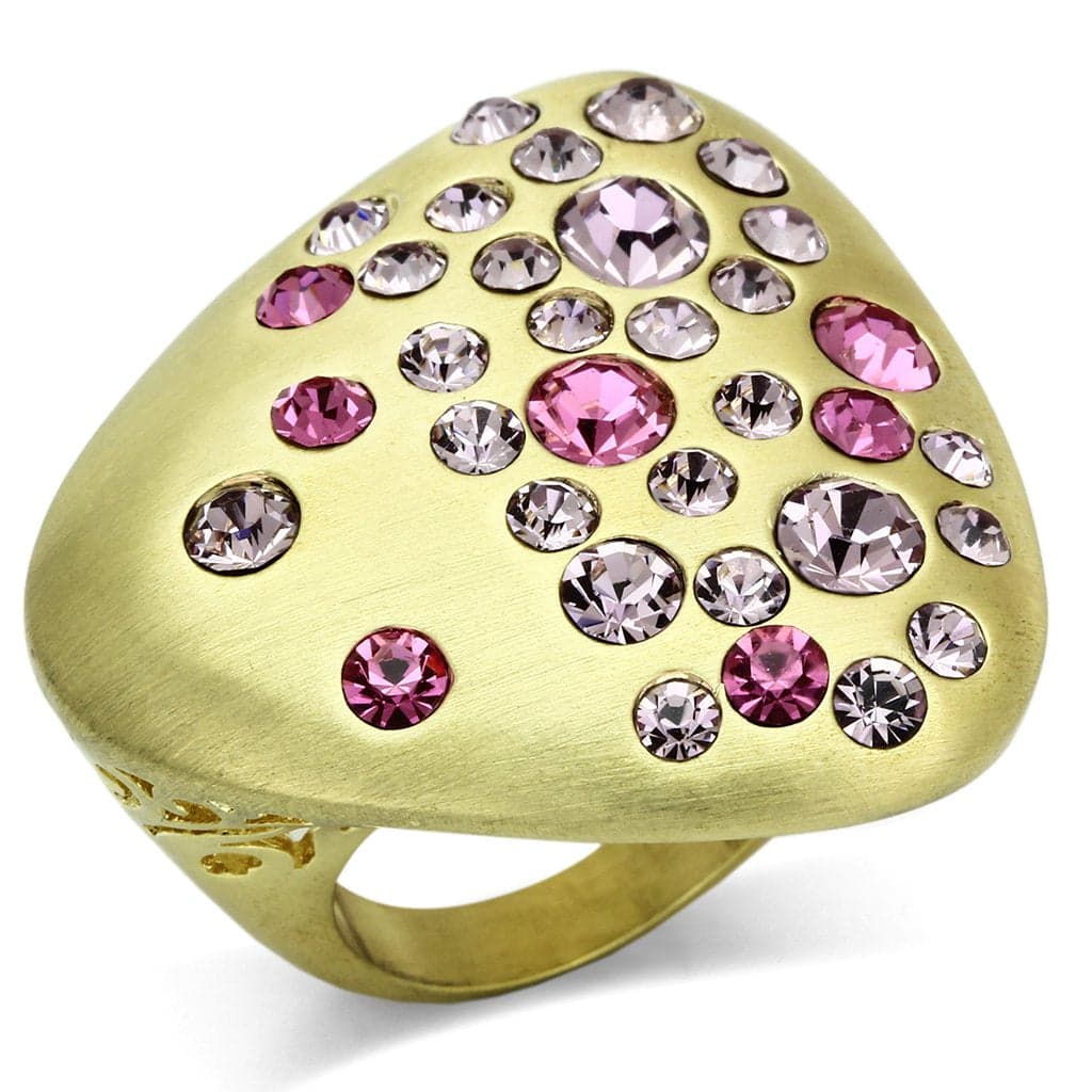 Brass Gold Pink Crystal Scattered Bezel Dome Cocktail Ring