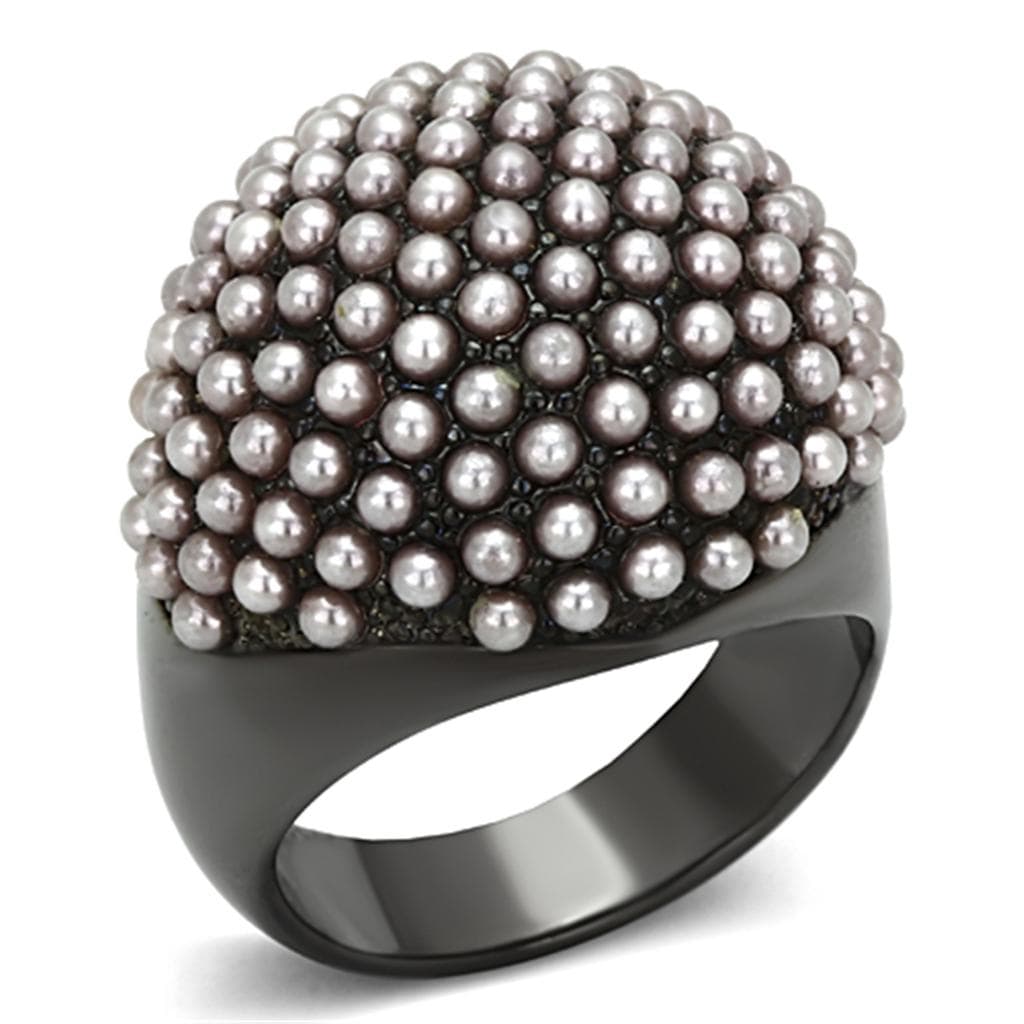 Brass Black IP Grey Pearl Bead Cluster Dome Cocktail Ring