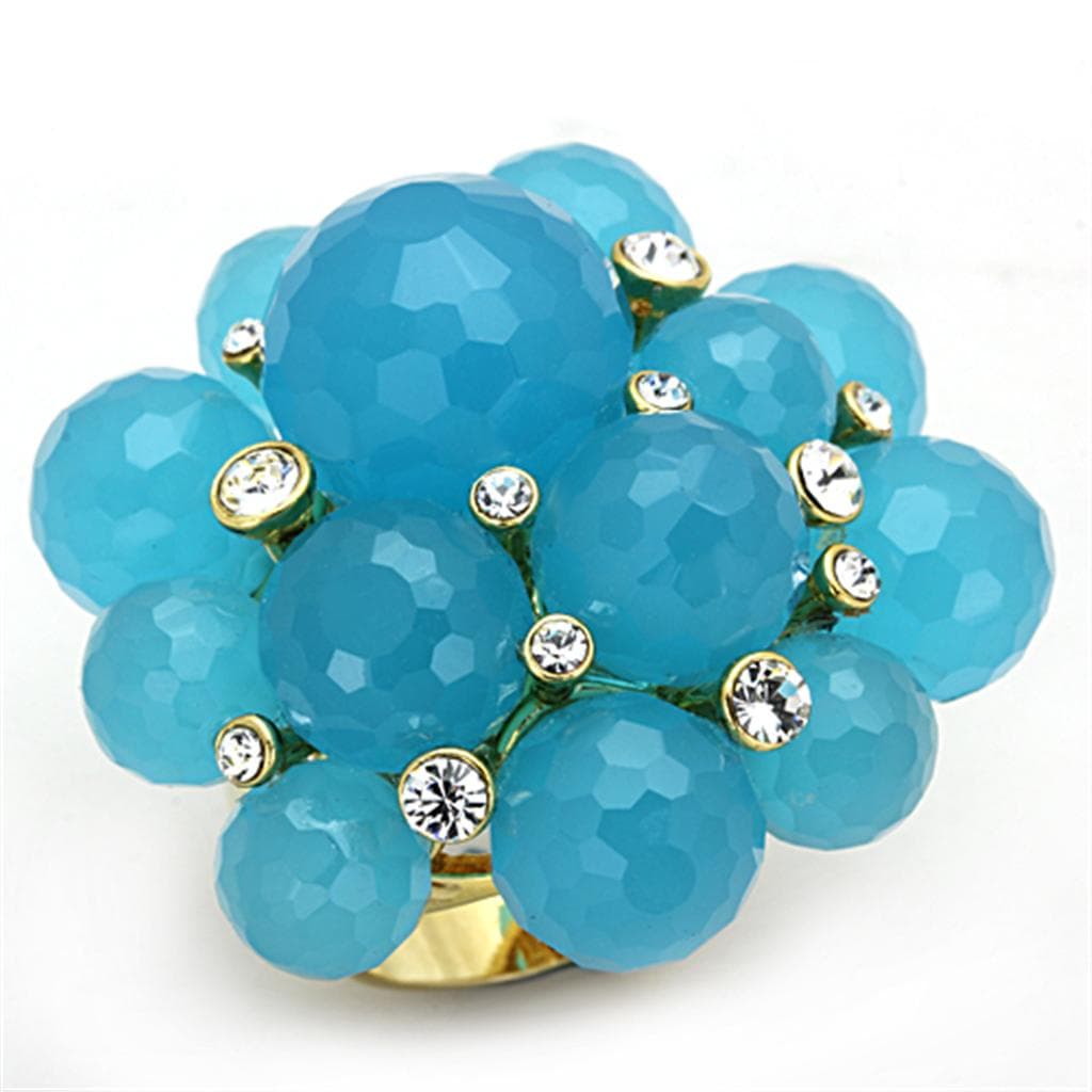 Brass Gold Turquoise Blue Bead Cluster Flower Cocktail Ring